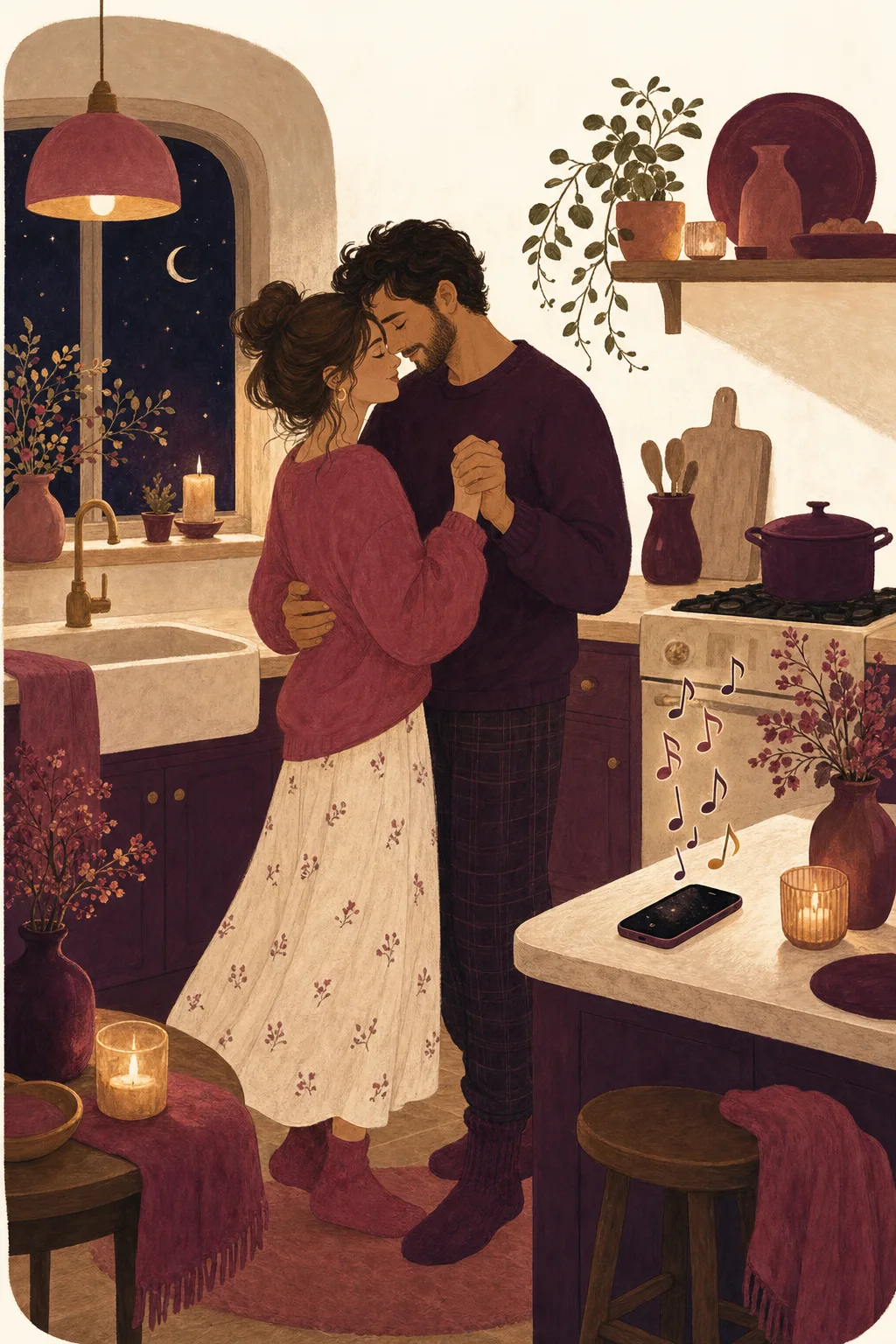 A couple slow-dancing in the kitchen to their custom song
