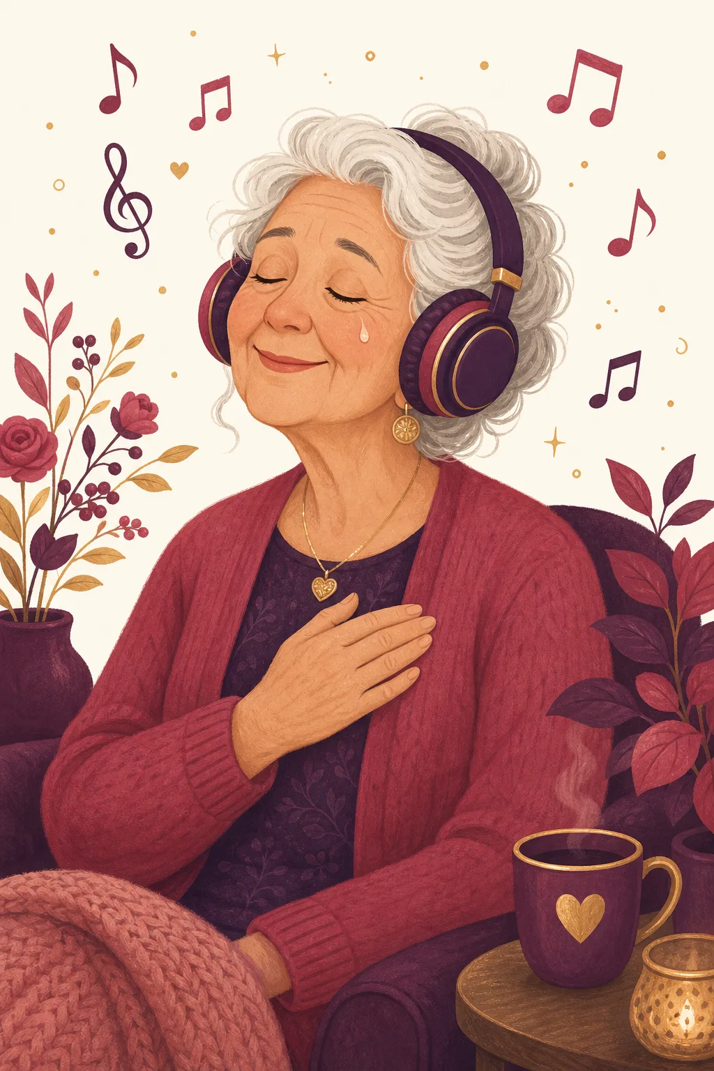A grandmother listening to her personalized song, hand on heart